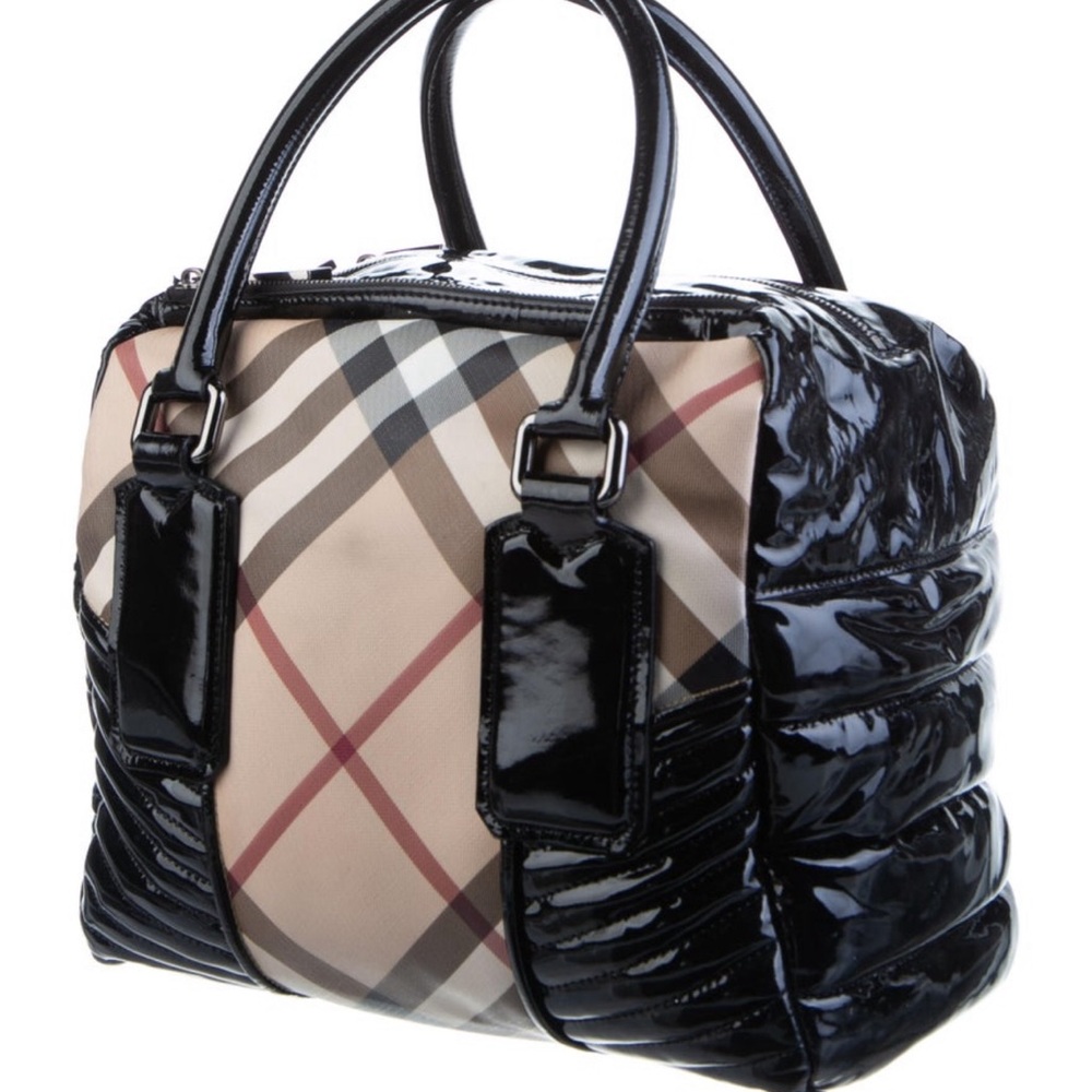 Burberry Black and Tan Large Satchel with Patent Leather Iconic Design